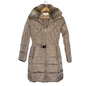 NWOT Michael Kors Faux Fur Collar Down Puffer Coat With Belt Golden Taupe XS